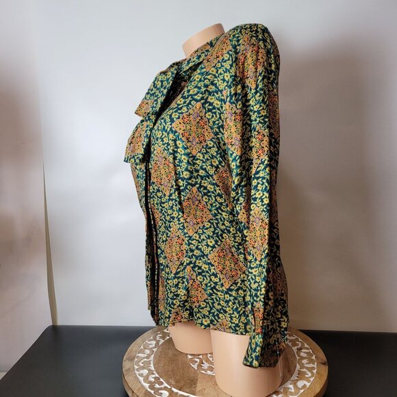 Vintage Evan Picone Floral Print Button-Up Blouse With Tie Neck & Long Sleeves - Picture 9 of 14